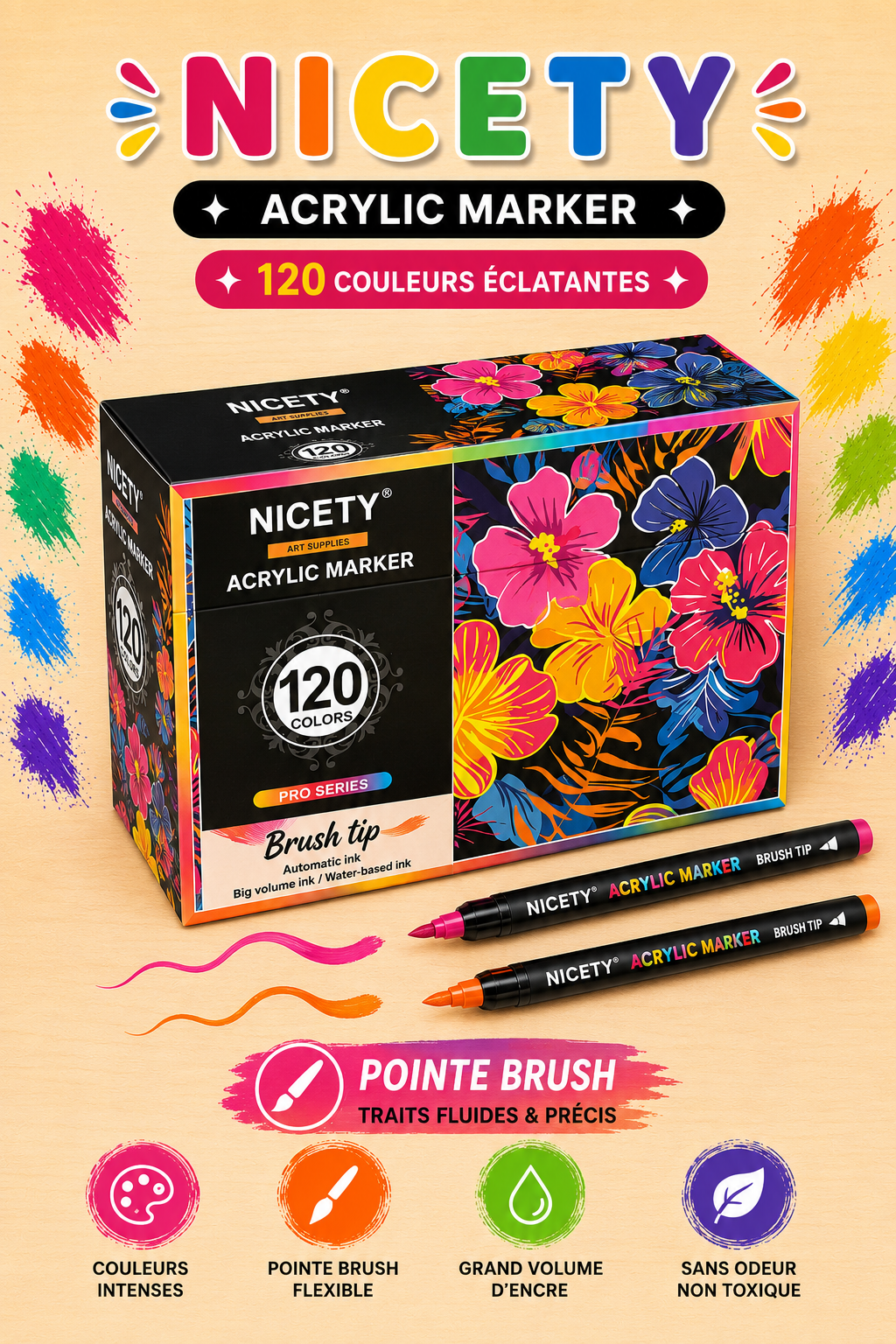 NICETY Acrylic Marker – 120 Couleurs Éclatantes (Pointe Brush)