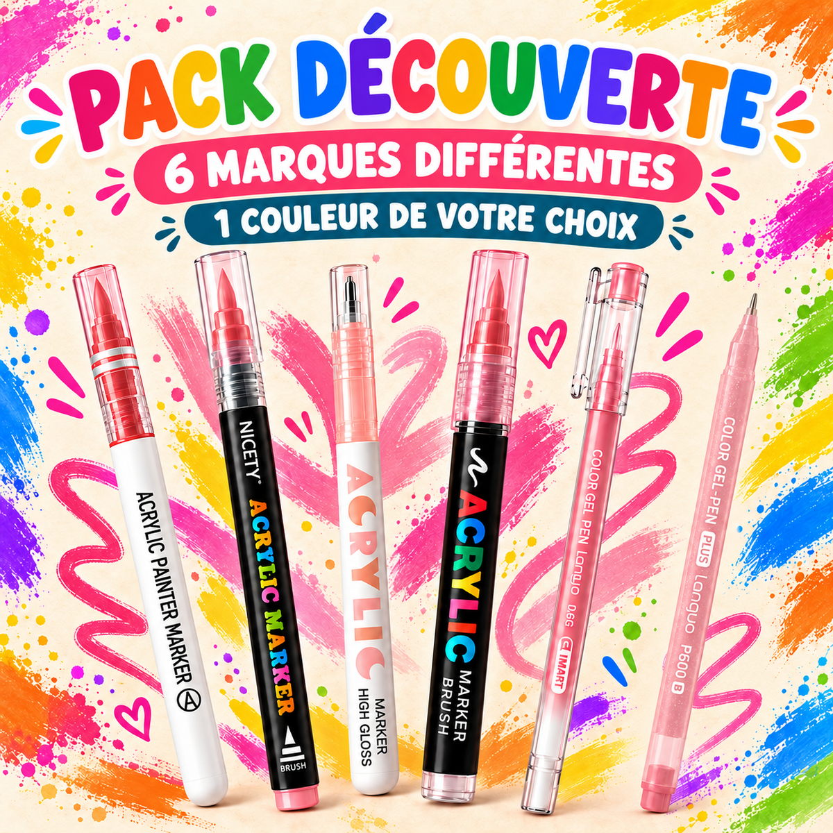 Pack Découverte – 6 Feutres Acryliques | 6 Marques | 1 Couleur